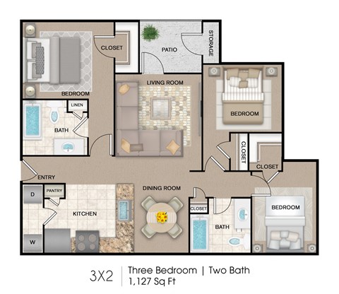Three Bedroom, Two Bath Floor Plan